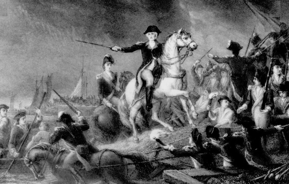 A dramatic painting of soldiers in the heat of battle during the Battle of Brooklyn.