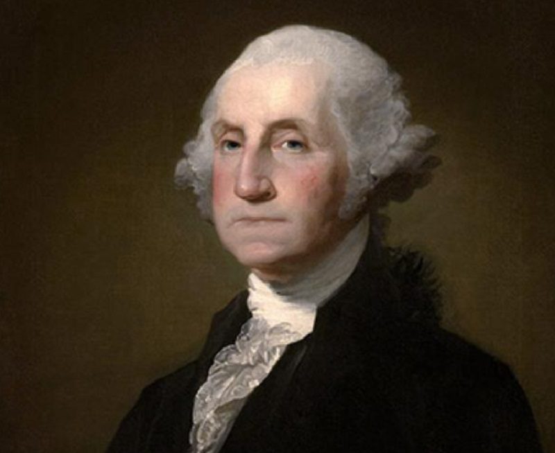 A historical painting depicting George Washington on horseback with his troops during the American Revolution.
